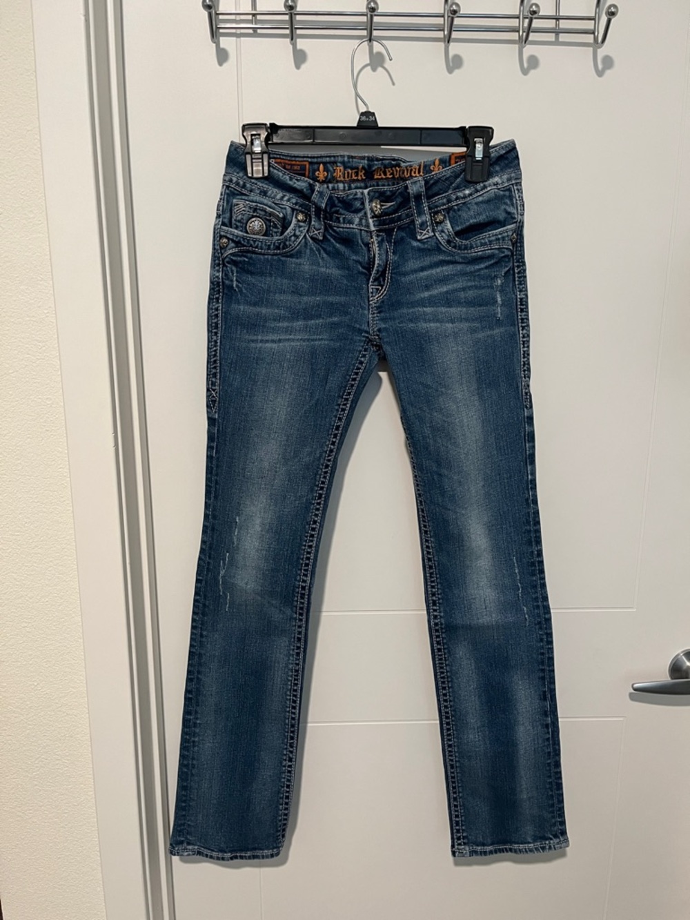 Rock Revival Tori Straight Blue Factory Distressed Denim Jeans Western Rodeo